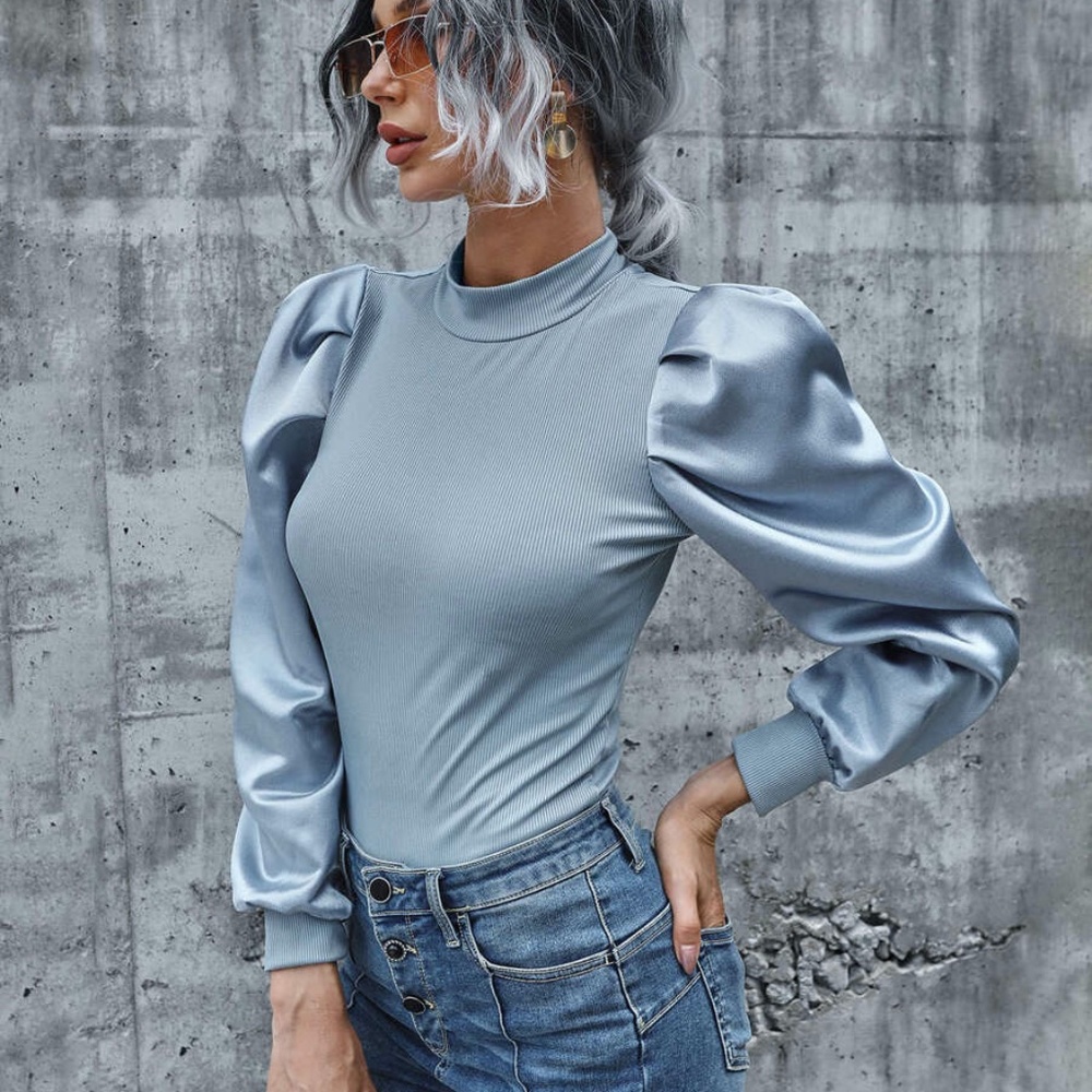 baby blue Ribbed long sleeve puff top fall - Picture 7 of 13